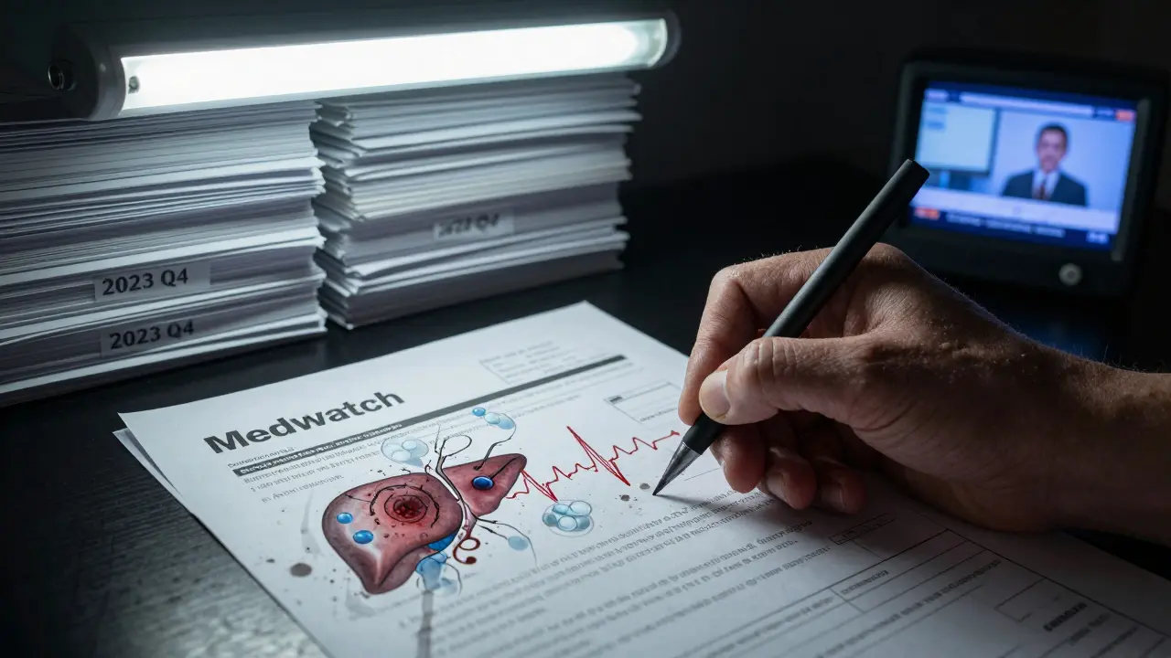 A patient's hand fills out a MedWatch form, with ghostly medical symbols bleeding through the paper under flickering light.