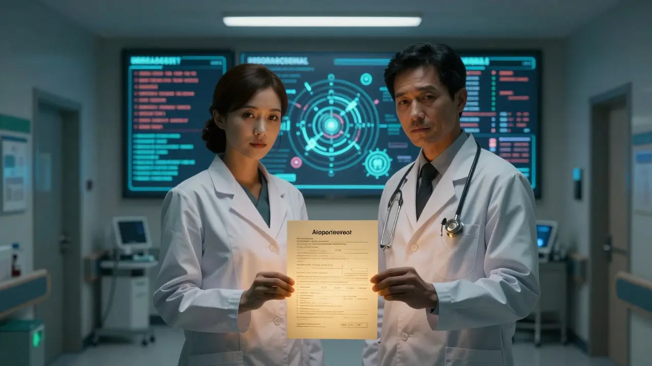 A pharmacist and doctor holding an approved prior authorization notice, with digital denial alerts glowing behind them.