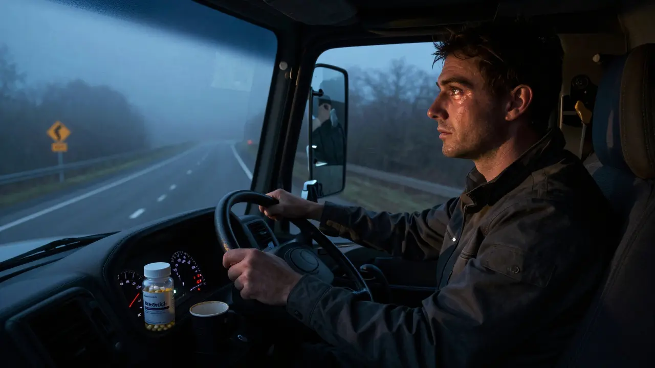 A truck driver at the wheel at 3:47 AM, with a modafinil bottle and coffee cup, eyes heavy as highway stretches ahead.