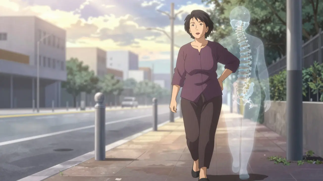 An elderly woman walking confidently at dawn, with fading medical images behind her.