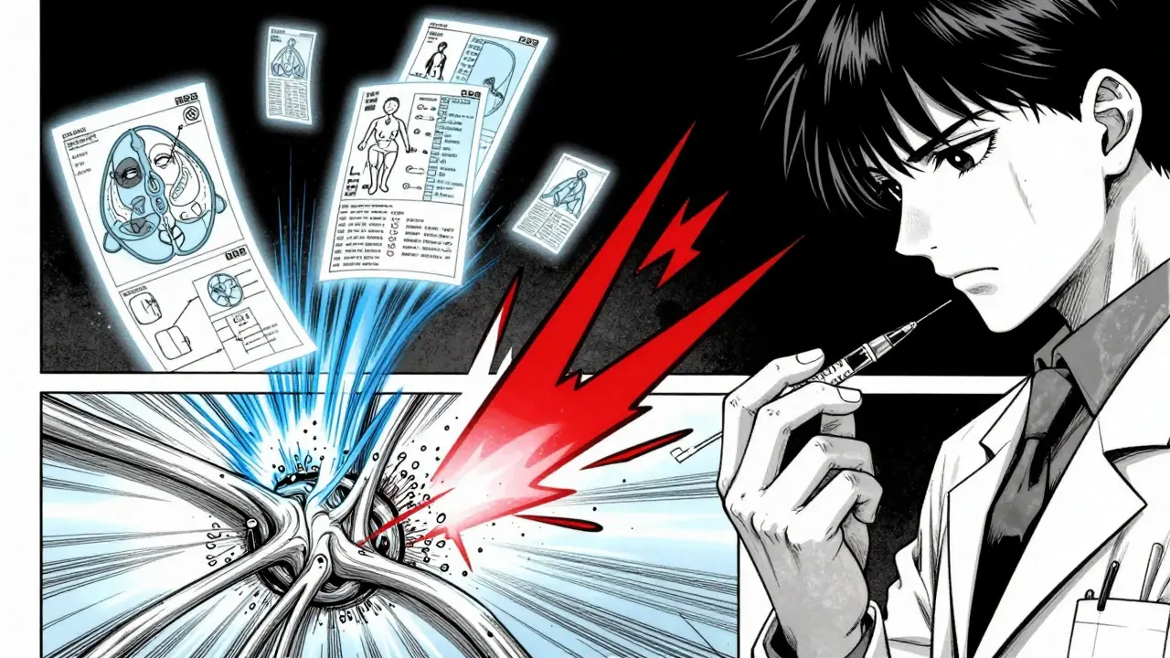 Close-up of nerve block injection with abstract pain signals being neutralized by therapeutic wave