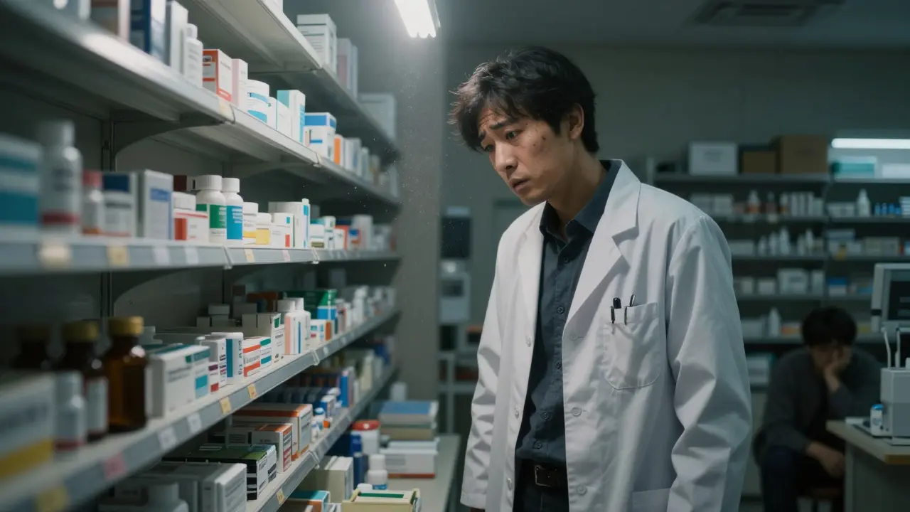 Exhausted pharmacist standing before empty medicine shelves in a dimly lit clinic room.