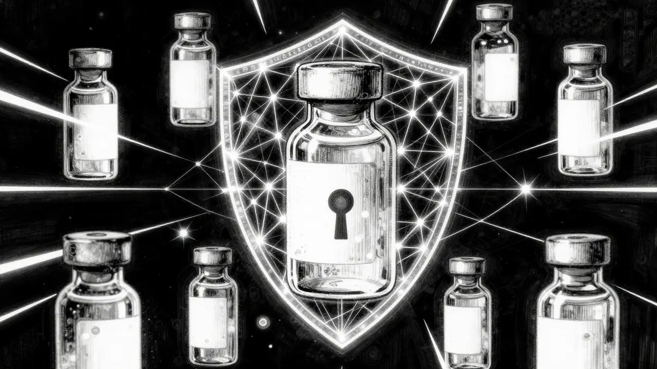 Glass vials protected by glowing abstract digital security shield patterns in dark space.