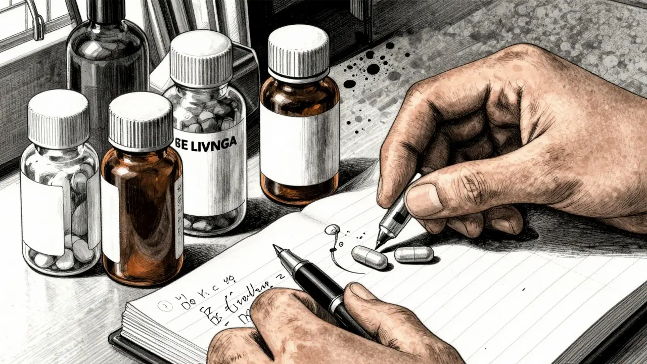 Hands organizing medicine bottles and health journal.