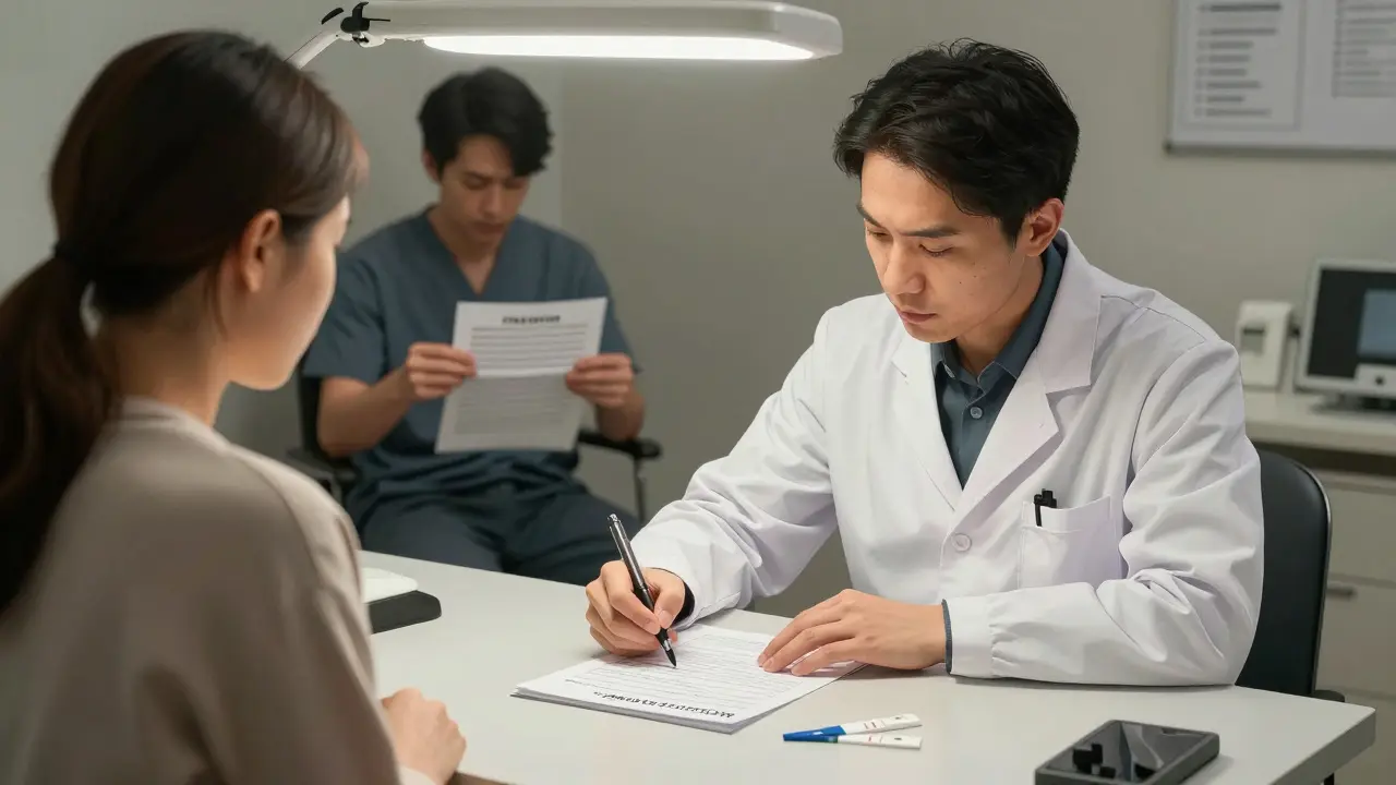 Patient signing iPLEDGE form in dermatologist's office, pregnancy tests on table, lipid panel chart in background.