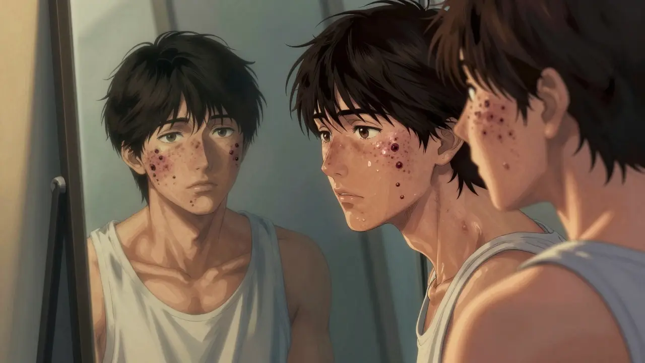 Person admiring clear skin in mirror, ghostly acne scars fading behind them, morning light highlighting transformation.