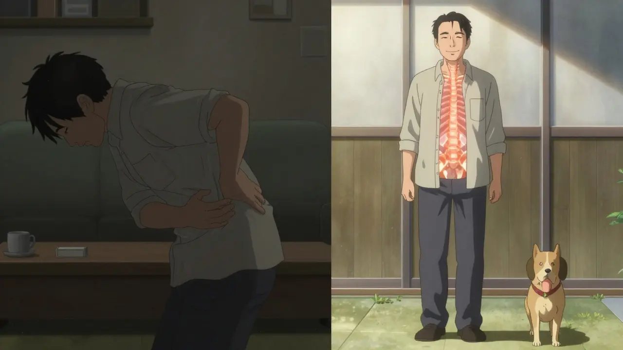 Person experiencing chronic back pain transitioning to pain-free activity with renewed mobility