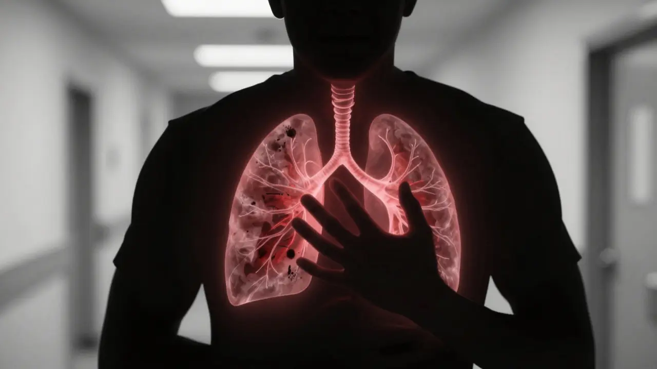 Person in pain with translucent view of inflamed lungs inside chest