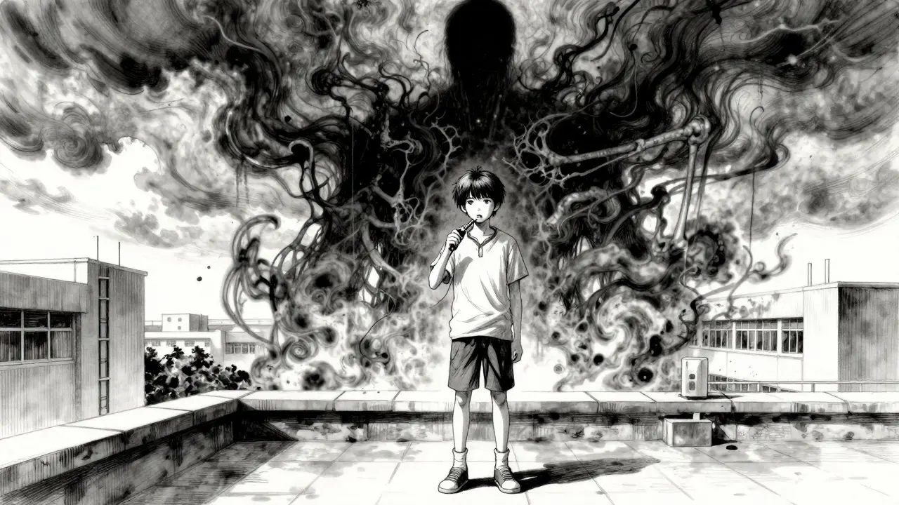 Teen on rooftop with shadow figure representing chronic disease looming behind