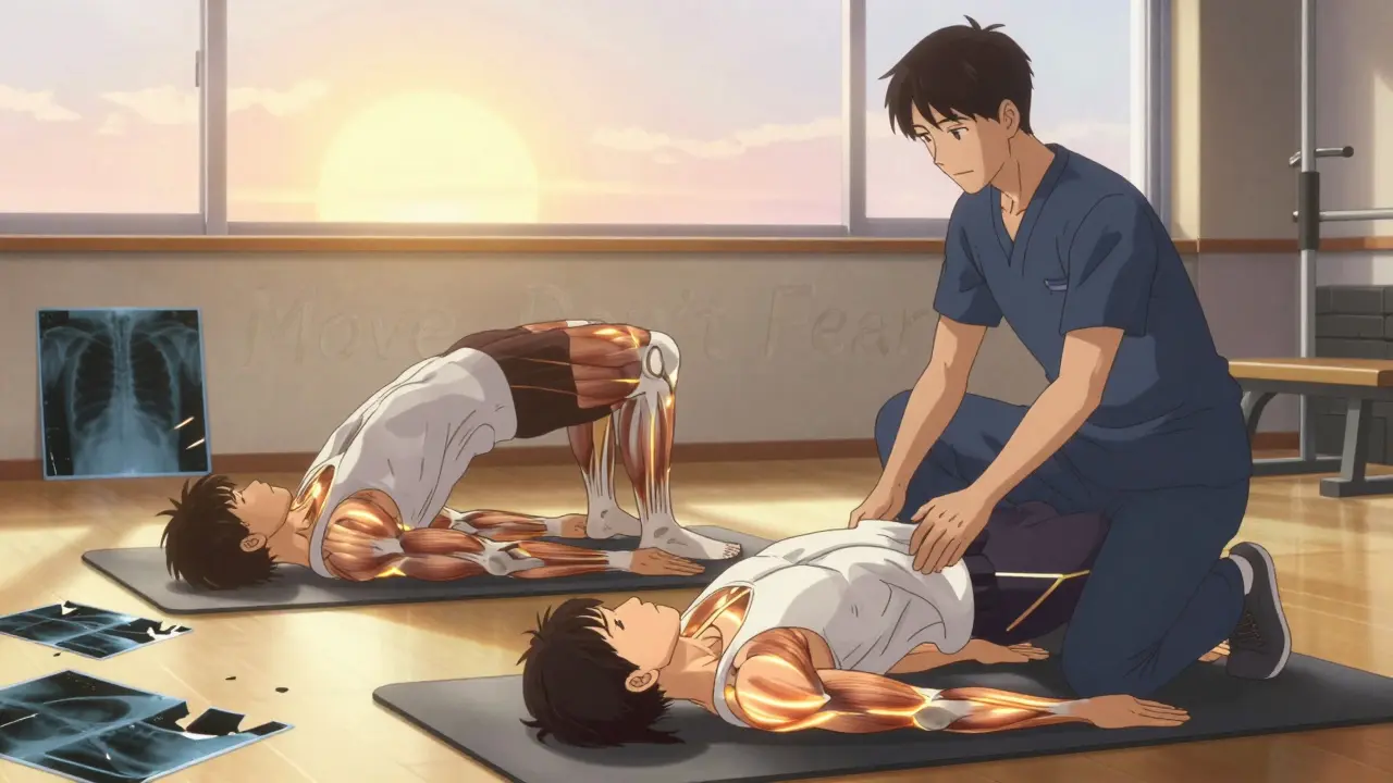 Two people performing core exercises with glowing energy lines, surrounded by broken X-rays.