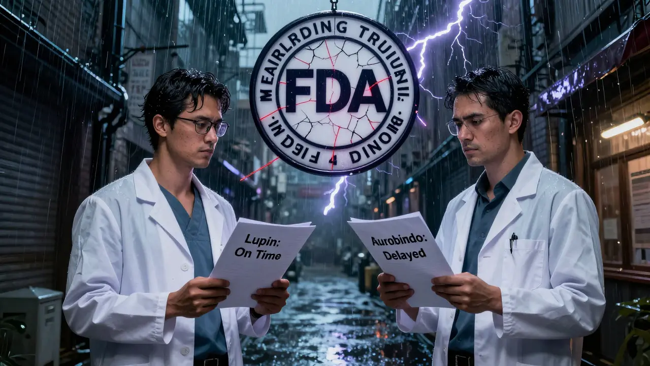 Two pharmaceutical teams in a rainy alley, facing off as a glowing FDA seal looms above them with patent dates visible.