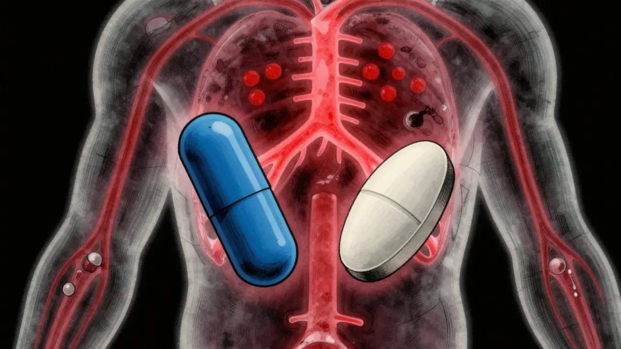 Two pills side by side with transparent human body showing identical drug absorption pathways in the bloodstream.