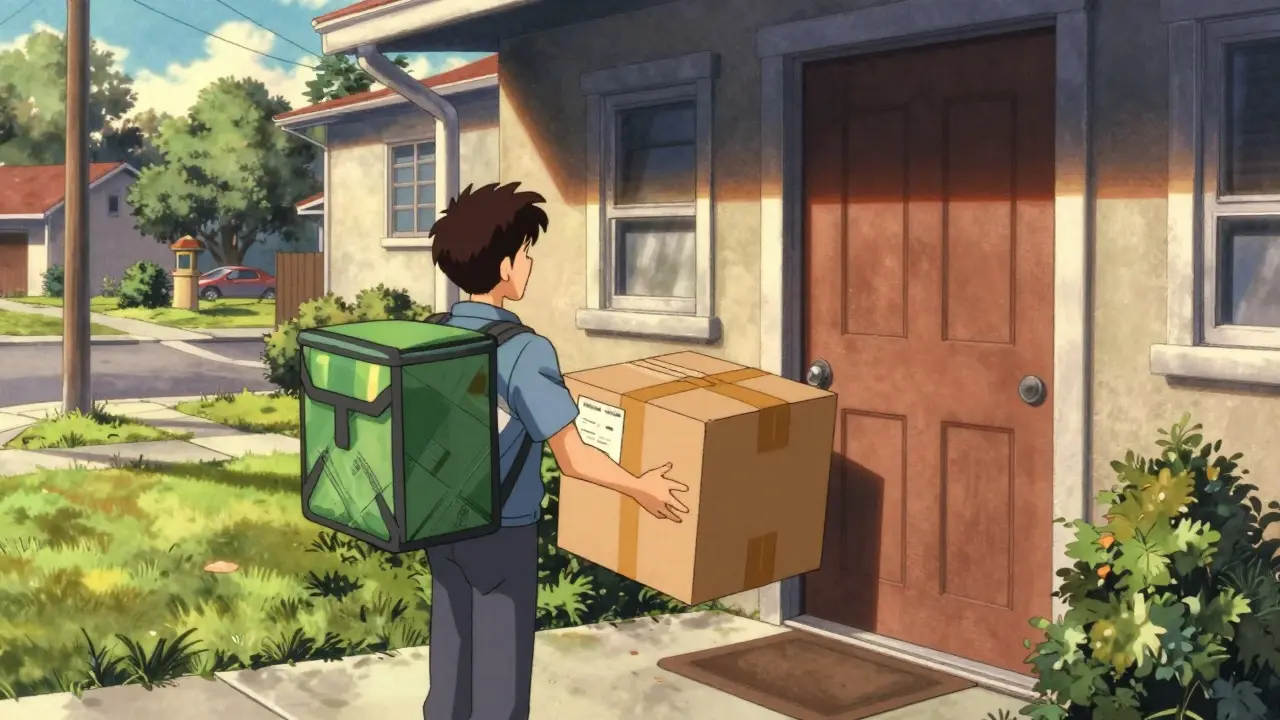A medication delivery package on a doorstep in a dramatic Gekiga style anime scene