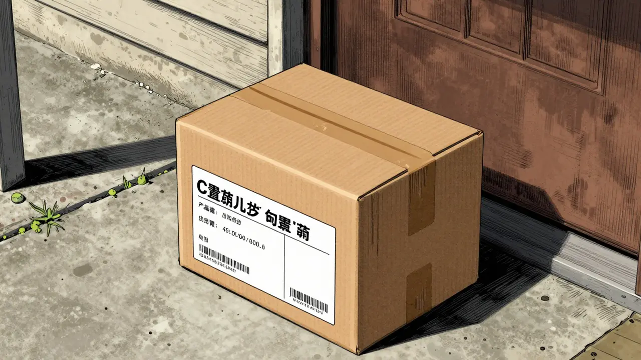 A pharmacy delivery package arriving on a doorstep in a gritty manga style