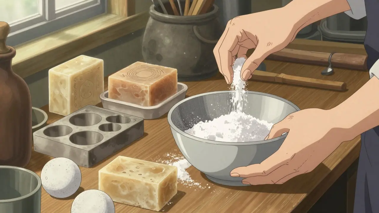 Artisan making bath bombs and soap in a detailed workshop