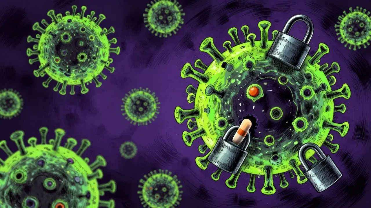 Conceptual Gekiga art showing antiviral medication locking flu viruses inside a cell