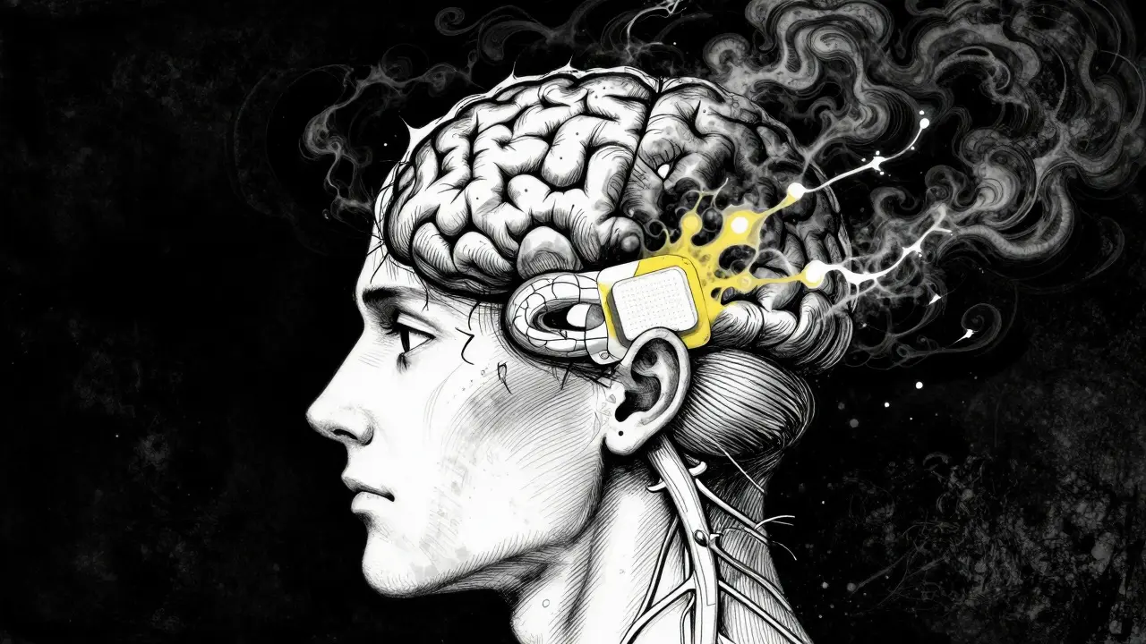 Conceptual Gekiga illustration of a brain experiencing over-sedation from a patch