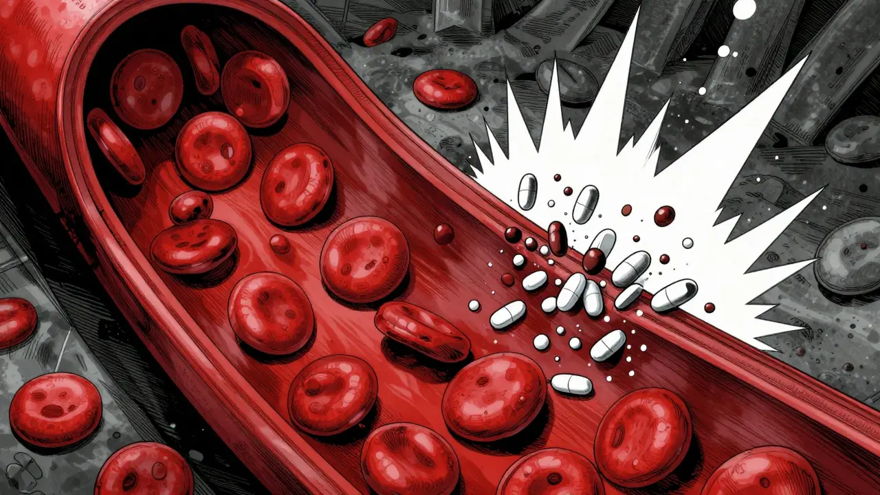 Conceptual Gekiga illustration of blood cells and platelets being disrupted in a vessel.