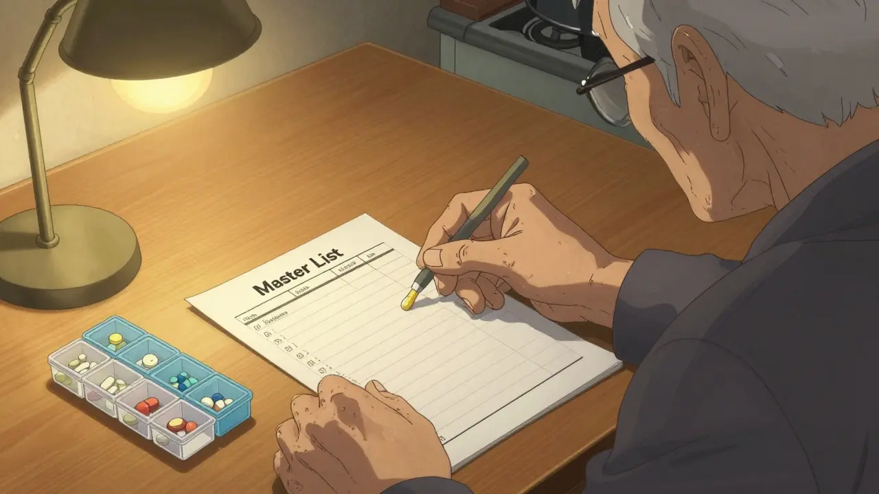 Elderly person in Gekiga style checking a medication master list at a table.