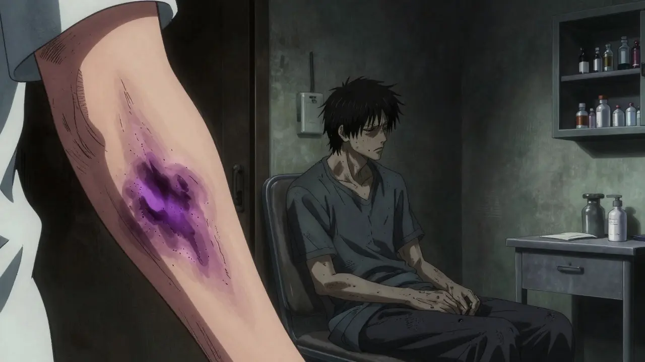 Gekiga style image showing unexplained bruising on an arm and an exhausted patient.