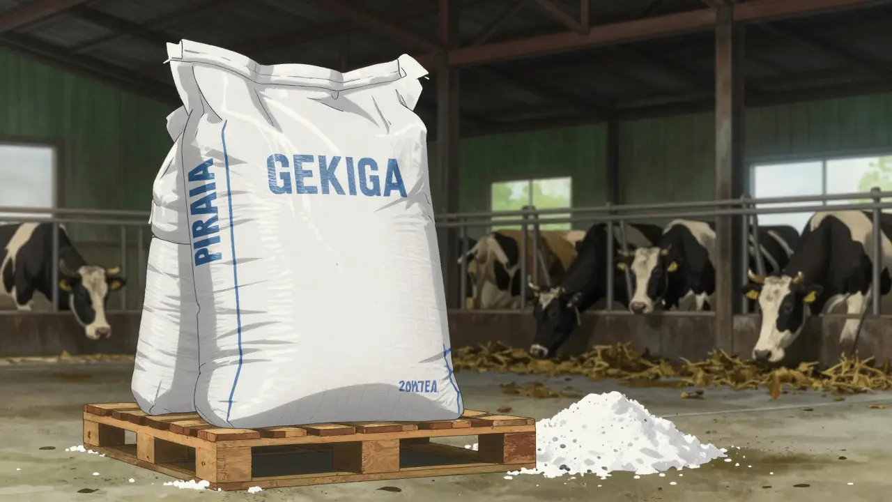 Large bulk bag of feed-grade powder in a rustic barn with cattle