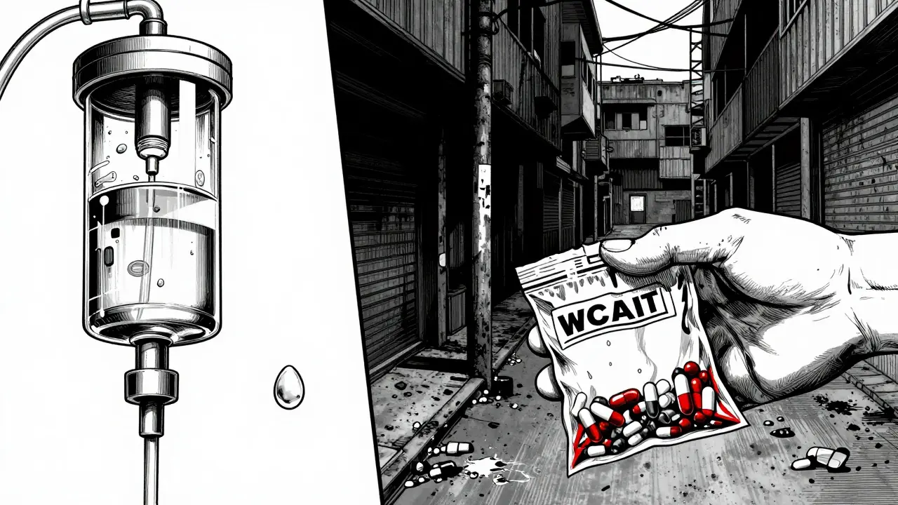 Manga art contrasting a hospital IV drip and an illicit pill exchange in an alley.