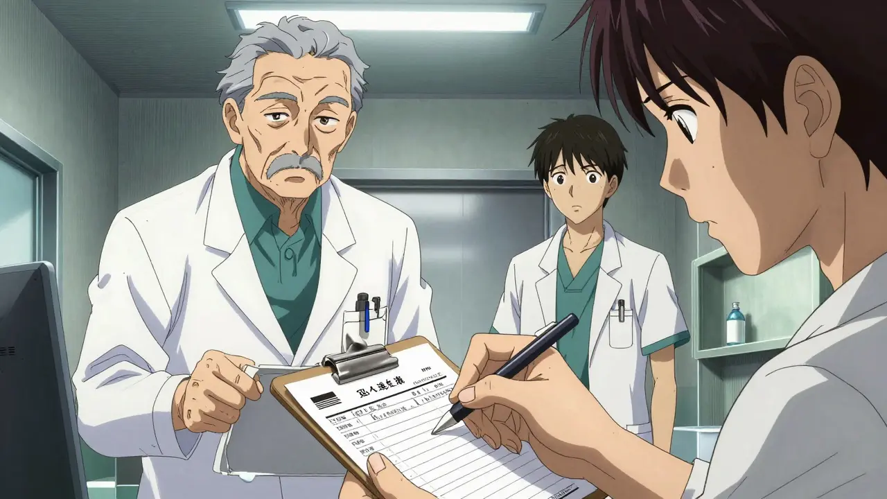 Senior and junior doctors in a clinic during a prescription decision, Gekiga style.