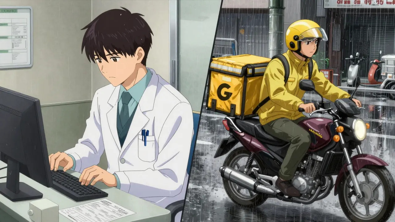 Split screen showing a doctor sending a prescription and a medical delivery courier