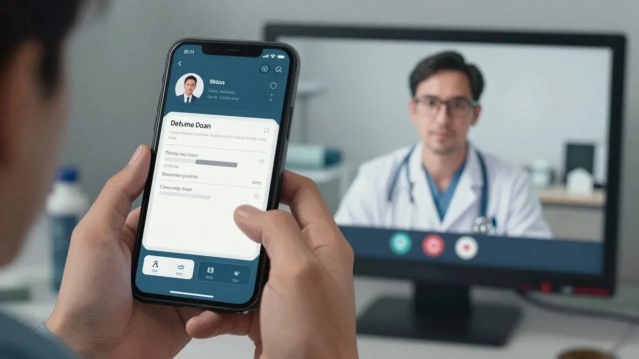 Split screen showing a telehealth doctor and a digital prescription on a phone