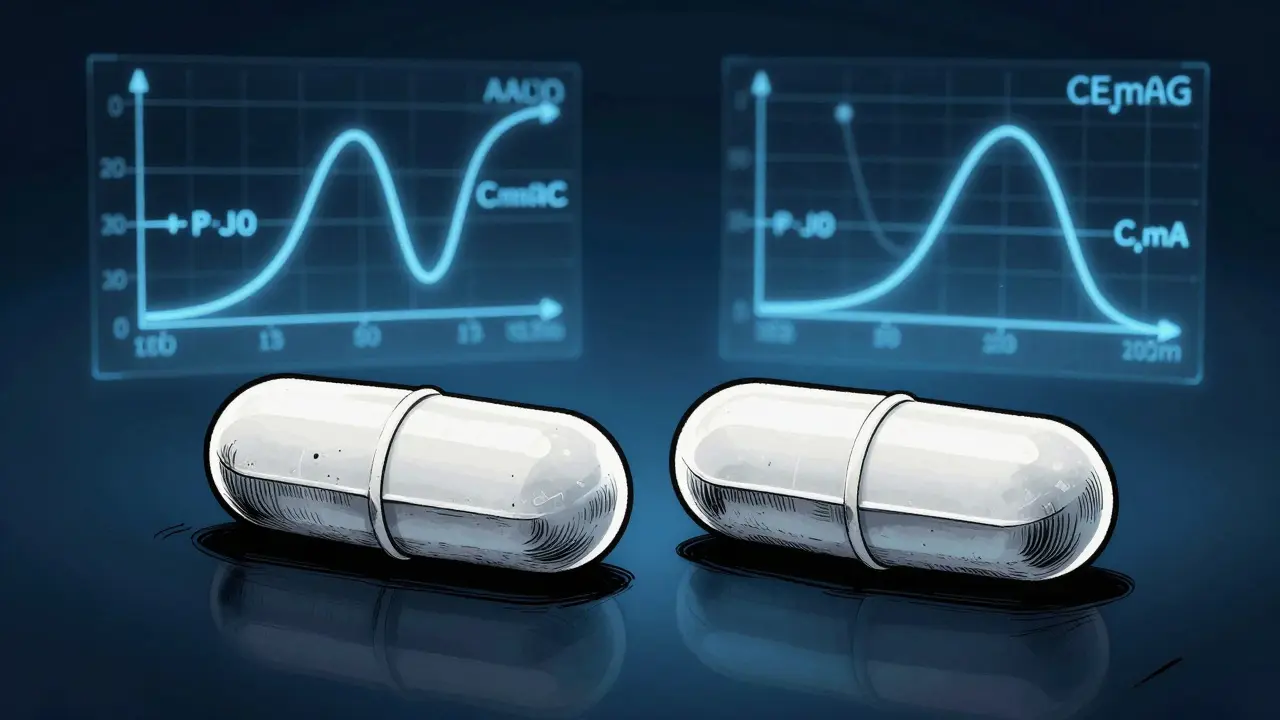 Two identical pills with floating mathematical drug absorption curves, Gekiga style.